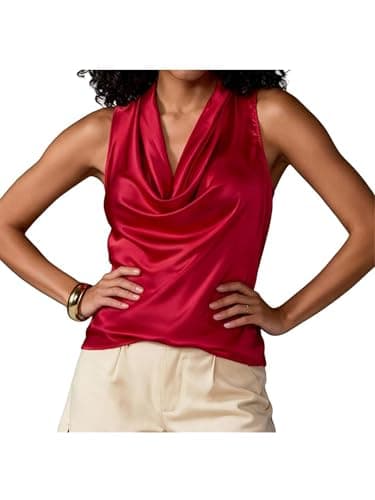 Image of SANSIWU Women Y2K Sleeveless Halter Neck Satin Top Drape Cowl Neck Cami Tops Elegant Silk Camisole Shirt (Red, XL)