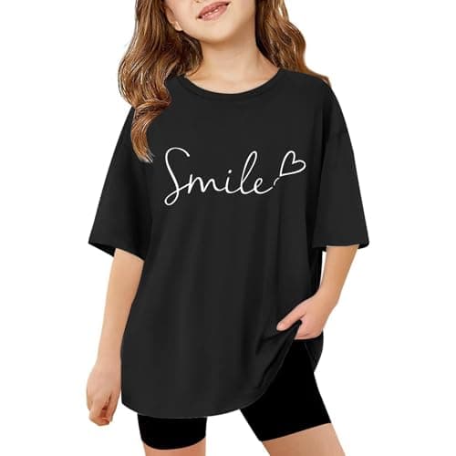 Image of Huihong Girls Short Sleeve T Shirts Kids Round Neck Comfy Summer Fashion Graphic Tshirts Teens Girls Casual Athletic Loose School Cute Cartoon Tunic Tops 3-14 Years (Black, 13-14 Years)