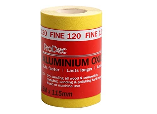 Image of ProDec 5m Roll 120 Grit Fine Grade Yellow Aluminium Oxide Abrasive Sanding Paper for Sanding Wood, Paint, Plaster, Filler, Metal and More, 115mm Wide Sandpaper Compatible with Machine Sanders