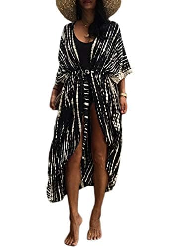 Image of Bsubseach Women Tie Dye Long Beach Swimsuit Cover Ups for Swimwear Sexy Bikini Beach Kimono Cardigan Black