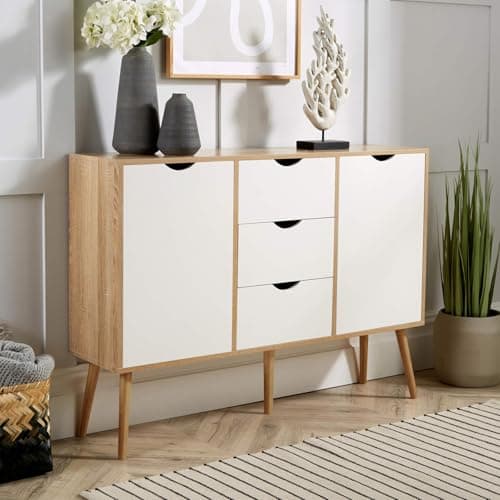 Image of Home Source Sideboard Storage Cabinet, 2 Door, 3 Drawer Cupboard, Solid Wood Legs, Oak Effect White, Scandi Style