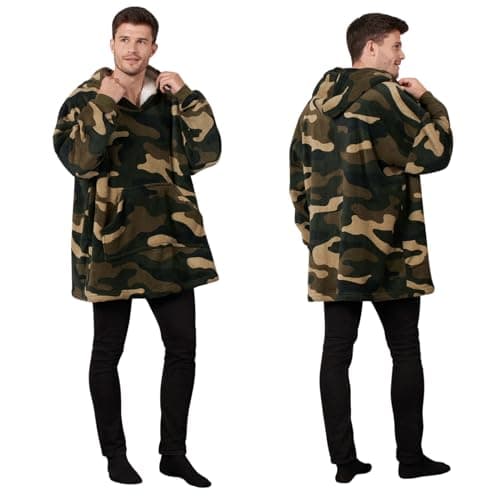Image of Dreamscene Camo Oversized Hoodie Blanket Ultra Soft Plush Sherpa Fleece Wearable Warm Hooded Throw Cosy Giant Sweatshirt - Green Khaki