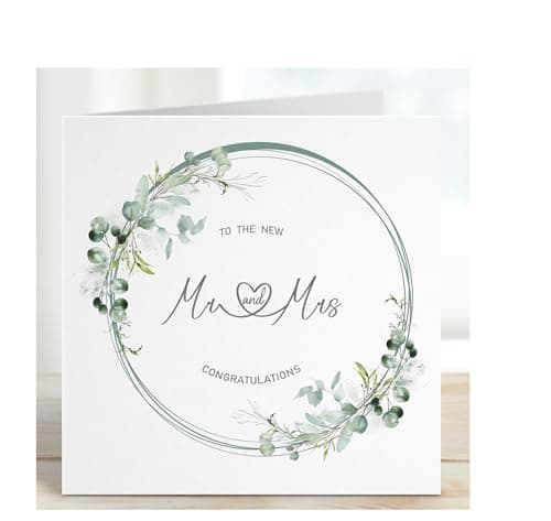 Image of Wedding greetings card wreath leaves congratulations to the new Mr & Mrs, square congratulations wedding card for Bride and groom, wedding day card, wedding greetings card,