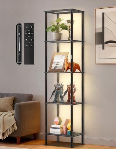 Image of OUTONLIFE 5 Tier Tall Display Shelf with LED Lights, Touch & Remote Control, Dimmable Display Cabinet, Open Bookshelf with 3 Color Temperature, Timer for Living Room, Bedroom, Home Decor(Black)