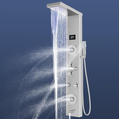 Image of Stainless Steel Shower Panel with LED,5 in 1 Function Column,Manually Controlled Thermostatic Shower Panel Column Tower with Waterfall Rainfall Shower, Massage Jets, Hand Shower, Tub Spout