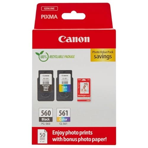 Image of Canon Ink & Paper Multipack - PG-560/CL-561 Genuine Printer Ink Cartridges 2 Pack (1 x Black, 1 x Colour) & 4x6 Photo Paper (50 x Sheets)
