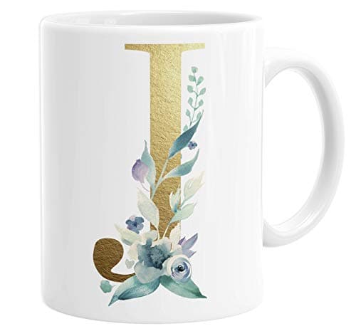 Image of Personalised Initial J Any Letter Gold Shimmer Floral Mug Coffee Cup Tea