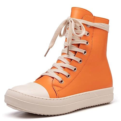 Image of MOFEEDOUKA Womens High Top Sneakers Lace Up Comfort Platform Walking Canvas Shoes with Zipper, Orange Red Pu, 4 UK