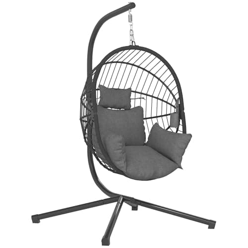 Image of Outsunny Outdoor Swing Chair with Thick Padded Cushion, Patio Hanging Chair with Metal Stand, Foldable Basket Egg Chair with Cup Holder, Rope Structure, for Indoor and Outdoor, Grey