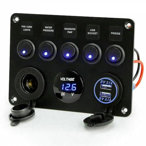 Image of 12V/24V Toggle Switch Panel, Dual USB Charger Port 4.2A, Lighter Socket, Digital Voltmeter Display, Car Rocker Switches IP65 Waterproof 5 Gang Switch Panel for Car Boat RV Truck Yacht