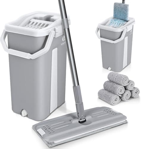Image of VOUNOT Flat Mop and Bucket set, 2-in-1 Hands Free Squeeze Mop User-Friendly Design, Includes 6 Reusable Microfiber Mop Pads, Grey