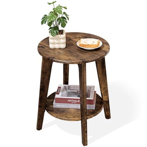 Image of FEUFOAM Small Round Side Table Wooden End Table with Lower Shelf Modern Nightstand Bedside Tables for Small Spaces, Living Room, Bedroom Retro Brown