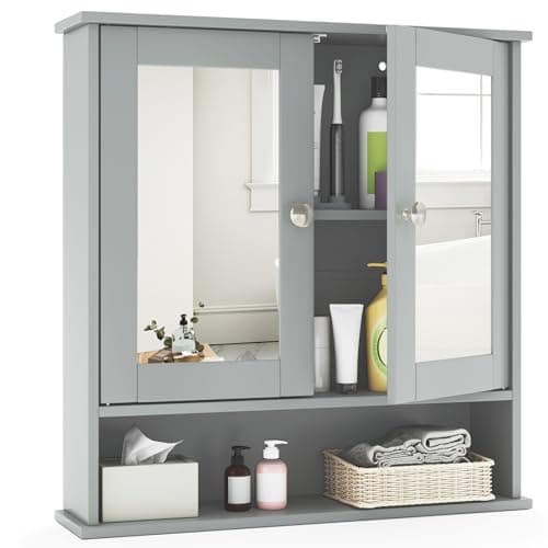 Image of COSTWAY Bathroom Mirror Cabinet, Double Door Wall Mounted Storage Cupboard with Adjustable Shelf and Compartment, Home Kitchen Living Room Display Organiser Unit (Gray)