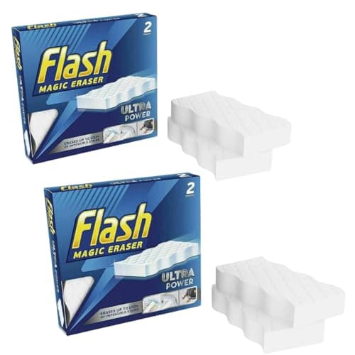 Image of Flash Magic Eraser Sponge 4 Pack, Ultra Power Cleaning Sponges for Walls, Kitchen, Bathroom, Marks, Scuffs, Grease & Grime, Reusable Multi Surface Melamine Cleaning Pads
