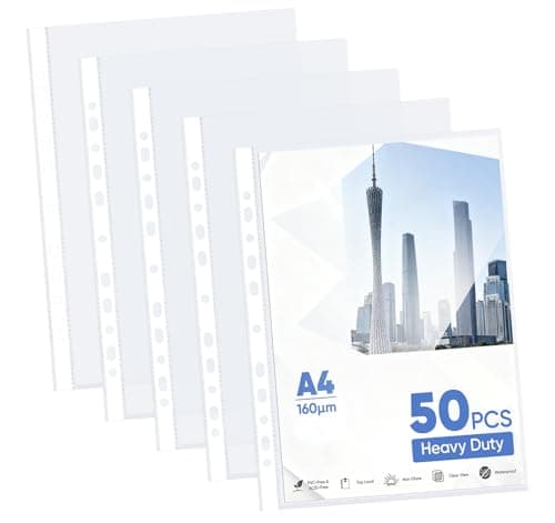 Image of 50 Pcs A4 Heavy Duty Plastic Punched Pockets, 160 Micron Durable Clear File Binder Poly Pockets, 11 Holes Plastic Wallets for Ring Binder Folders and Document Storage