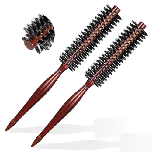 Image of Wanmu Small Boar Bristle Round Brush, 1.3 inch Portable Natural Mini Round Hair Brush with Wood Handle for Women and Men's Fine Thin Hair or Beards Straightening Curling Volumizing Detangling