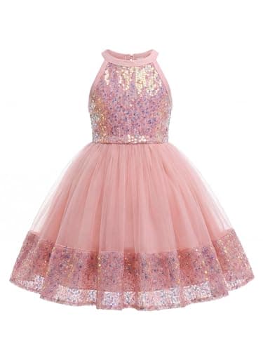 Image of JiAmy Girls Sequin Tulle Dress Elegant Halter Neck Party Gown Dresses for Kids Special Occasions Weddings Proms 6-7 Years Pink