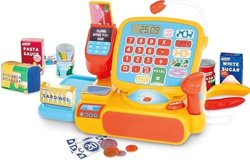 Image of Casdon Cash Register. Toy Shopping Till Set with Working Calculator, Scanner, Pretend Money, Play Food, and More. Suitable for Preschool Toys. Playset for Children Aged 3+
