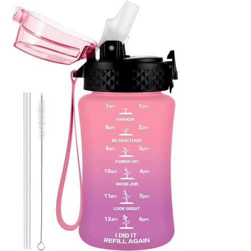 Image of GOPPUS 350ml/12oz Kids Water Bottle With Straw Tritan Drinks Bottle with Strap Small Toddler Juice Bottles with Flip Top Lid Leakproof Children's Cup with Time Marking BPA free Girl Boy (Pink Purple)