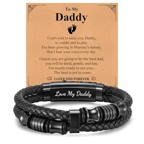 Image of FLHEART Daddy Gifts Mens Bracelets - Black Braided Leather Bracelets Engraved Love Message for Bump Dad New Dad, Daddy To Be Gifts For Father's Day Birthday Christmas