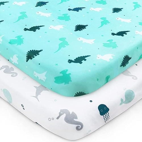 Image of Travel Cot Fitted Sheets, 2 Pack Ultra Soft Crib Sheets Compatible With Graco, Red Kite Travel Cot - Soft and Breathable, Aqua Dinosaurs & Oceans