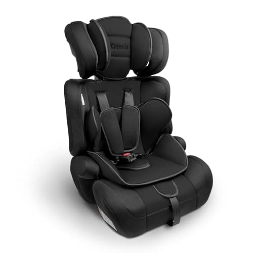 Image of Kidoola Adjustable Car Seat for Toddlers & Children - Safety Certified Booster Seat, Padded & Comfortable with 3 Adjustable Age Functions & Straps, Up to 12 Years - ECE R44/04 (Grey & Black) (Black)