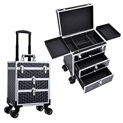Image of Beauty Trolley on Wheels Vanity Case Makeup Box Make Up Case On Wheels with Drawers Hairdressing Trolley Make Up Storage Organiser Box Nail Technician Case with Keys Black