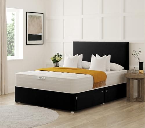 Image of COZY HUB LTD Plain Plush Velvet Divan Bed with 10 Inch Ortho Tufted Mattress & Headboard – Luxury Divan Set with Drawer Storage Options. (Black, 3Ft- No Drawers)