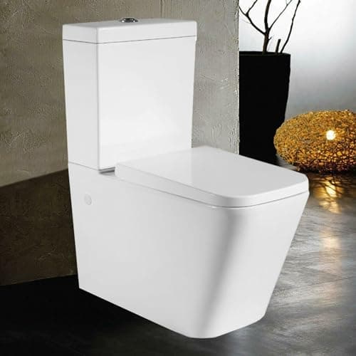 Image of Rimless Close Coupled Toilet Modern Square Bathroom Toilets Back to Wall White Ceramic WC Pan & Dual Flush Cistern Soft Close Seat Comfort Height Flush to Wall Toilet