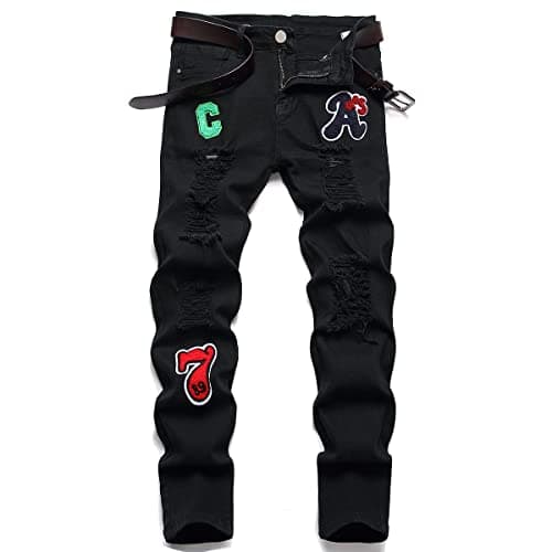 Image of AIYINO Mens Biker Jeans Ripped Regular Straight Leg Stylish Denim Jeans All Waist 34 Black