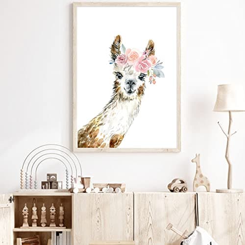 Image of Llama Nursery Wall Art Llama with Flower Canvas Art Llama Pictures Wall Decor Coloring Alpaca Mural Artwork Flower Nursery Poster Cute Animal Prints Decor for Bedroom Living Room 16x24 Inch Unframed