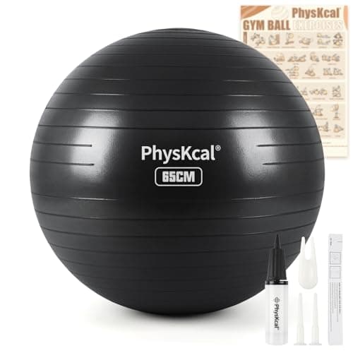 Image of PhysKcal Gym Ball 65cm Black Exercise Swiss Ball for Fitness Yoga Pilates Pregnancy, Anti Burst Ball Chair for Balance, Stability, Quick Pump Included