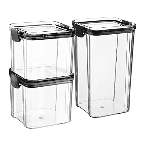 Image of Argon Tableware 3 Piece Food Storage Containers Set - Plastic Kitchen Pantry Organiser Jars - Clip Lid - 2 Sizes - Black