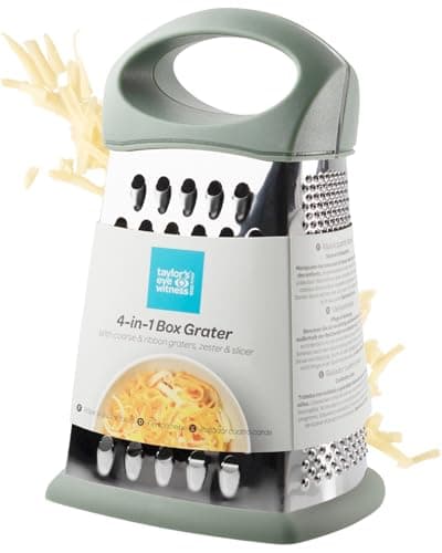 Image of Taylor's Eye Witness Professional 4-Sided Box Grater – 20cm Stainless Steel Hand-Held Cheese Grater, Zester & Slicer with Non-Slip Base for Vegetables, Citrus Fruit, Coconut. Sage Green Coloured.