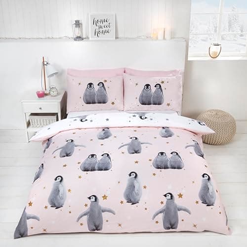 Image of Rapport Home Starry Penguin Single Duvet Cover Set | Reversible Polycotton Bedding with 1 Pillowcase | Cute Pink Design for Kids, Teens & Adults (135x200cm)