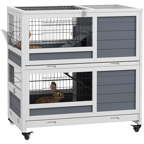 Image of PawHut Rabbit Hutch Guinea Pig Hutch Indoor Wooden Small Animal House with Wheels, Openable Top, No-Leak Plastic Trays - Grey