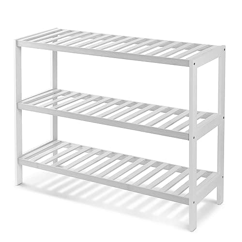 Image of KEPLIN Natural Bamboo Shoe Rack Easy Assembly & Strong Design Shelf Organiser Ideal for Bedroom, Bathroom, Hallway & Small Spaces Large Capacity Up to 9 Pairs of Shoes (White, 3 Tier) (70x55x25cm)