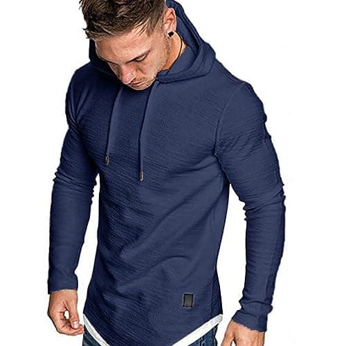 Image of Remxi Men's Long Sleeve Pullover Hoodie Tops Sportwear Muscle Hoodie T-Shirts Solid Color Sweatshirt For Men SolidNavy XL