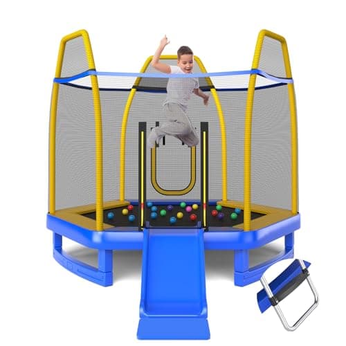Image of COSTWAY 7ft Kids Trampoline, Hexagonal Trampolines with Slide, Ladder, Safety Enclosure Net and Ocean Balls, Toddler Jumping House for Indoor Outdoor (Blue + Yellow)
