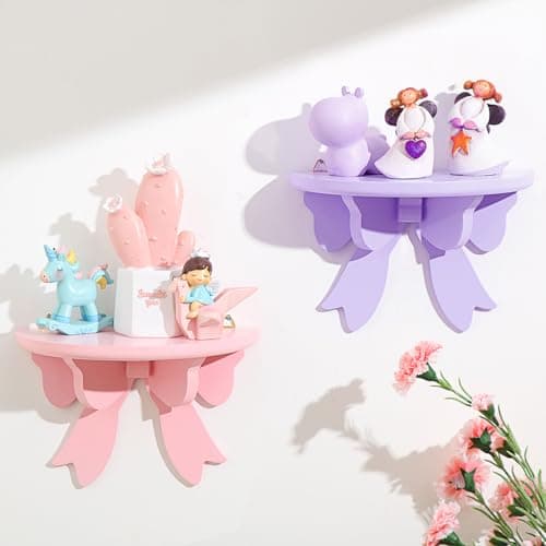 Image of Pinkunn 2 Pcs Bow Floating Shelves Kawaii Shelf Book Stand Farmhouse Rustic Corner Wall Shelf Wooden Bow Tie Rack Princess Room Decor for Nursery Home Bedroom Office Wall Decor(Pink,Purple)