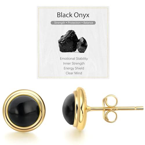 Image of JENDEAR Black Onyx Stud Earrings for Women 925 Sterling Silver Hypoallergenic Natural Gemstone Round Studs, Diameter 8mm, with Quote Card and Gift Box (Gold)