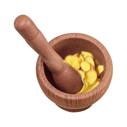 Image of Pestle And Mortar Set 11.4x11.4x9.5cm Guacamole Bowls Garlic Masher With Lid Natural Bamboos Wood Garlic Press Ginger Crusher For Muddling And Grinding Spices, Brown