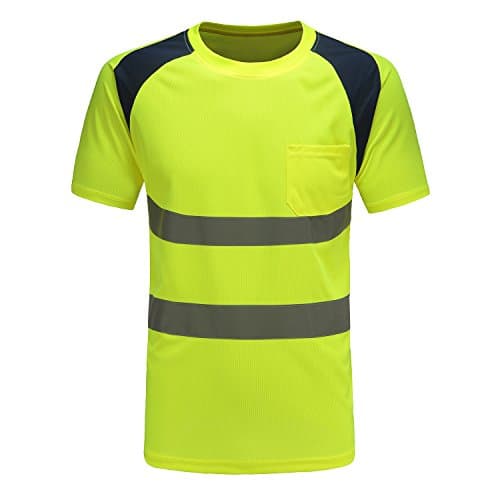 Image of Hi Vis Yellow T Shirt High Viz Tee Visibility 2 Band Brace Work Round Neck T-Shirt Breathable Reflective Tape Security Workwear Road Works Great Comfort & Retroreflective Visibility (L, yellow)