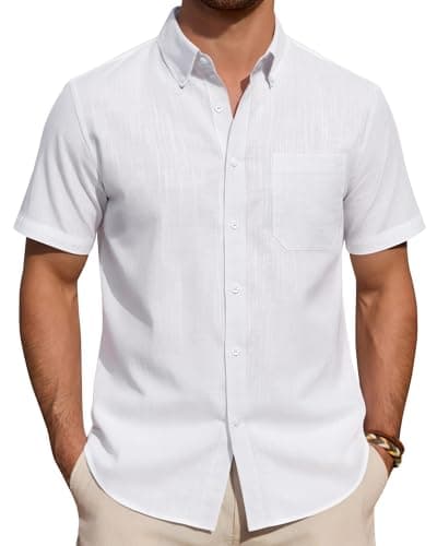 Image of J.VER White Linen Shirts Men Summer Short Sleeve Regular Fit Smart Casual Lightweight Holiday Beach Button Down Shirt M