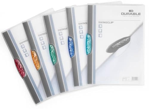 Image of Durable SWINGCLIP® 30 A4 Clip Folder | Holds up to 30 Sheets of A4 Paper | Stylish & Colourful Plastic Clip | Pack of 5 Transparent Folders with Coloured Clips