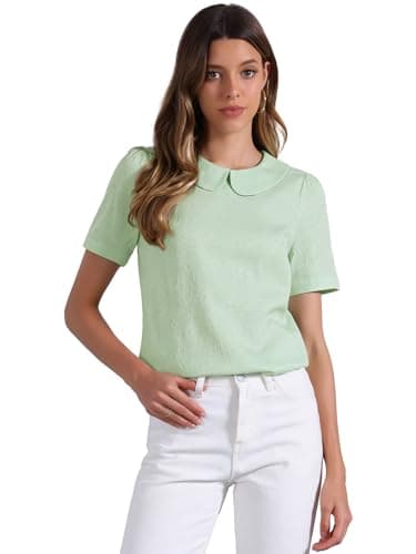 Image of Allegra K Peter Pan Collar Blouse for Women's Floral Jacquard Puff Short Sleeve Kawaii Top Green M
