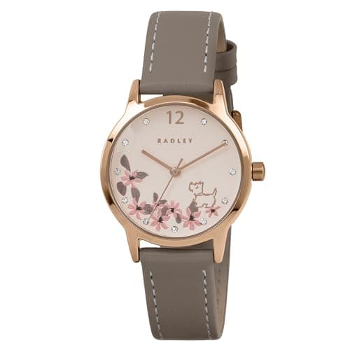 Image of RADLEY Women's Rose Gold Plated Floral Dog Dial Coffee Leather Strap Analogue Watch RY22030A