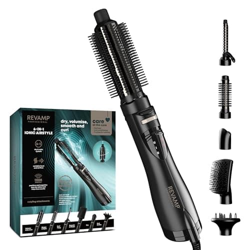 Image of REVAMP Hot Air Styler - 6 in 1 Multi Style, Rotating Hair Dryer Brush for Volumising Blow Dry, Hair Styler for Waves and Curls, Straightening, Smoothing, Quick Blow Dry Brush x 6 Attachments