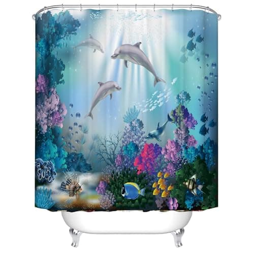 Image of Dolphin and Ocean Life Shower Curtain, Blue Sea World Colorful Underwater Fishes Coral Ocean Animal Seabed Decorations Bath Curtain with 12 Hooks (Curtain)