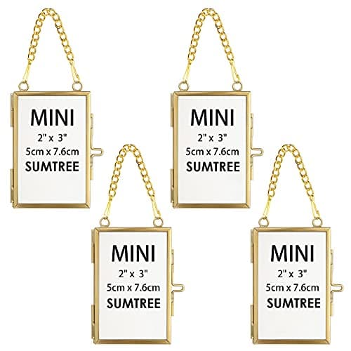 Image of SUMTree Set of 4 Gold Glass Mini Hanging Photo Picture Display Frame, Floating Glass Picture Frame with Chain for Family Tree Mini Photo, Pressed Flower, collage, etc, 2x3 inch